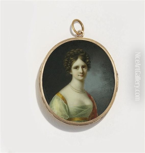 A Young Lady, In White Silk Organza Dress With Orange Trim About The Shoulder And Empire Waist, Embroidered Persimmon Shawl, Double-stranded Pearl Necklace, Her Chestnut Hair Plaited And Upswept - view 1