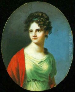 A Young Lady, Her Brown Hair Sdorned With Blue Ribbon