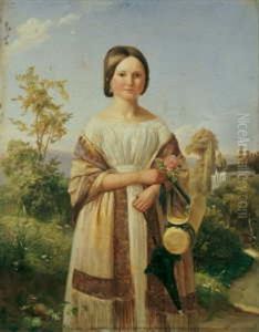 Bildnis Einer Jungen Dame Vor Landschaftlichem Hintergrund