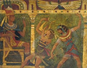Thronender Pharao Mit Zwei Tanzerinnen