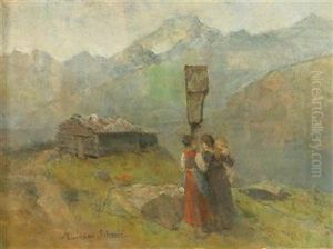 Three Women At The Wayside Shrine In The High Mountains