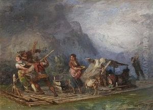 Personen Auf Einem Flos Bei Aufziehendem Unwetter Personen Auf Einem Flos Bei Aufziehendem Unwetter