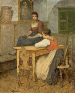 Zwei Madchen In Der Stube by Mathias Schmid