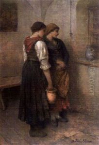 An Der Klosterpforte Stehen Zwei Bauernmadchen Mit Krugen by Mathias Schmid