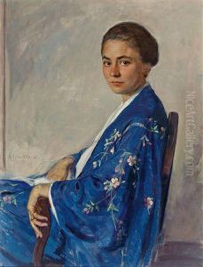 Portrait Einer Jungen Frau In Besticktem Kimono, Meisterlich Und Ausdrucksvoll Charakterisiert