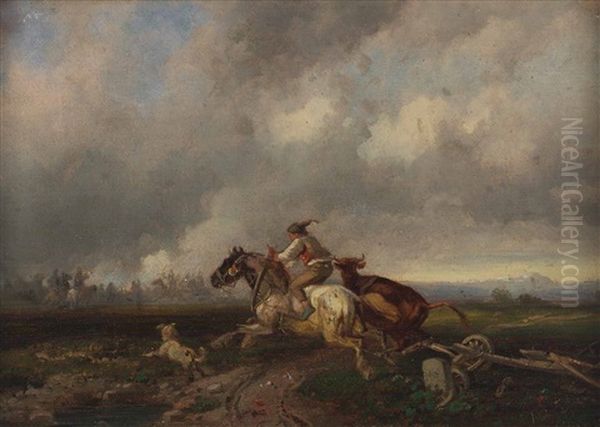In Die Schlacht Galoppierender Reiter, Daneben Eine Kuh Und Ein Hund - view 1