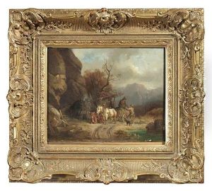 In Einer Gebirgslandschaft Beladen Zwei Bauern Einen Pferdewagen