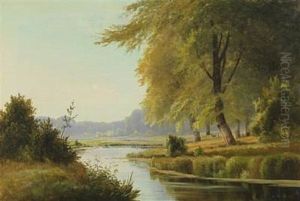 Landscape With Deer At A Forest Lake