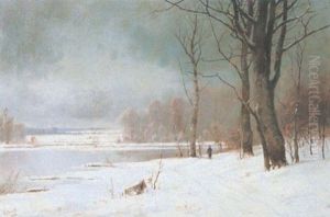 Verschneite Fluslandschaft Mit Wanderer by Alexander Schmidt