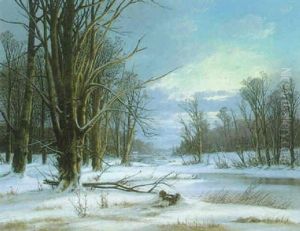 Winterlandschaft Mit Wald Und Bachlauf Im Schnee by Alexander Schmidt