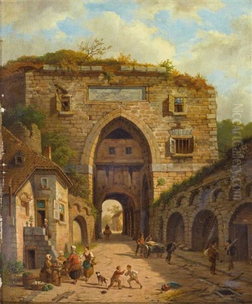 Mittelalterliche Hauserzeile Mit Torturm Und Figurenstaffage Auf Der Strase - view 1
