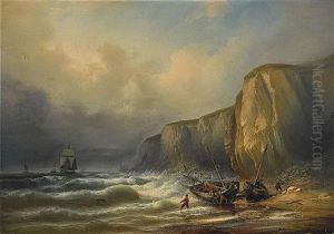 Fischerboote Bei Sturm Vor Felsiger Kuste
