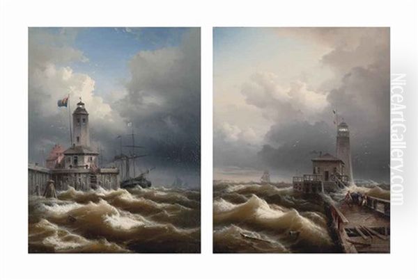 A Steamer Rounding A Swedish Lighthouse (+ Making Repairs In A Storm At A Dutch Lighthouse; Pair) - view 1