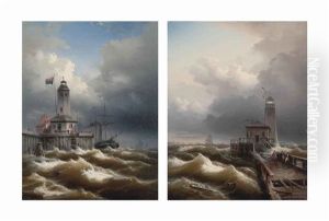 A Steamer Rounding A Swedish Lighthouse (+ Making Repairs In A Storm At A Dutch Lighthouse; Pair)