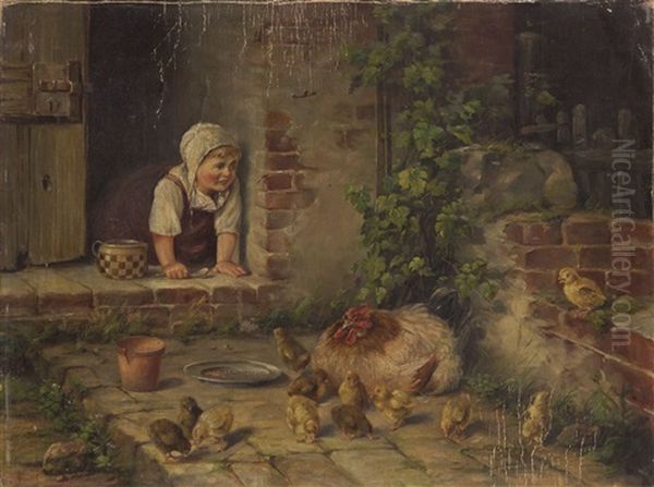 Girl Feeding Hens - view 1