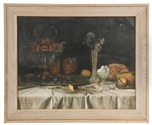 Still Life With Copper Toddy Warmer And Three Glasses On Tray by Franz Schmidt