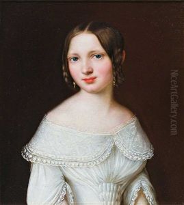 Schwester Ida. Portrait Eines Reizenden Madchens Im Weisen Kleid Mit Spitzenbesatz. Meisterlicher Ausdruck by Friedrich August Schmidt