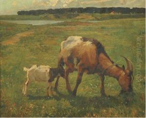 Goats In A Flowering Sunlit Meadow by Hans Schmidt