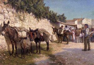 Maultiere An Sonniger Mauer Nahe Dem Sudlichen Markttreiben by Hans Schmidt