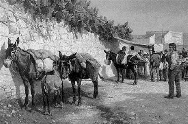 Mules Standing By A Sunlit Wall On A Market - view 1