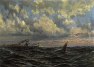 Seestuck Mit Einlaufendem Und Auslaufendem Dampfer Nach Sonnenuntergang