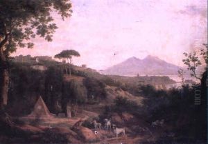 View Over The Bay Of Naples With Dogs On A Path Before A Stone Pyramid by Heinrich Schmidt