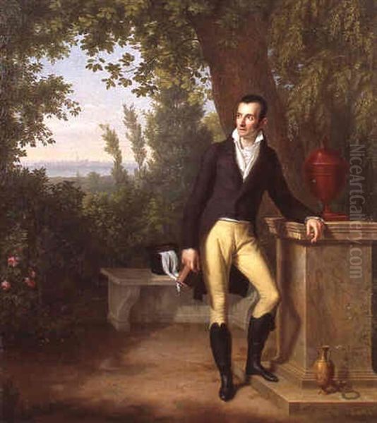 Portrait De Gentilhomme Devant Une Vue De Ville En Bord De Mer - view 1