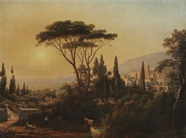 Stimmungsvolle Ansicht Von Rom. Mit Figurenstaffage Im Vordergrund Links Und Blick Auf Kirche Im Hintergrund Rechts - view 1
