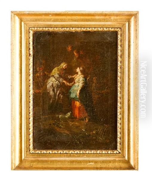 Scene With Three Female Saints And A Priest, Surrounded By Angels, A Dog And Other Items, In Front Of Dark Background - view 1