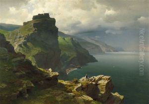 Castle Rock An Der Sonnigen Steilkuste Englands, Im Vordergrund Ein Rastendes Junges Paar Castle Rock An Der Sonnigen Steilkuste Englands, Im Vordergrund Ein Rastendes Junges Paar