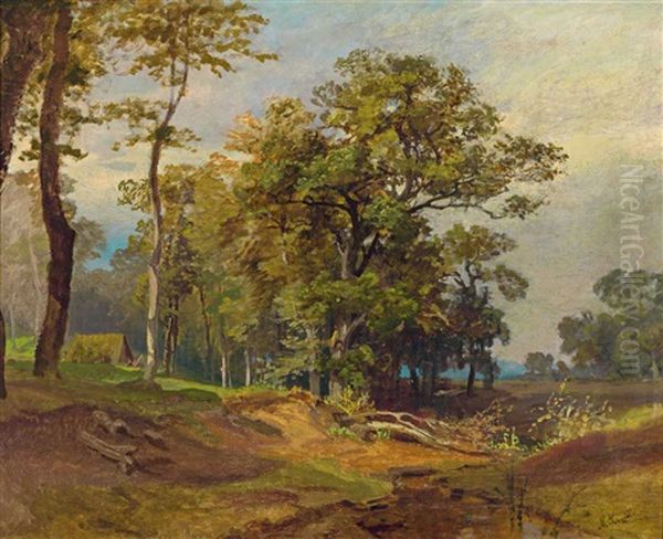Originalskizze. Sommerliche Landschaft Mit Lichtem Feldgeholz, Tumpel Und Alten Eichen - view 1