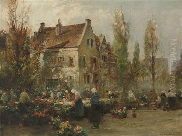 Hollandischer Blumenmarkt Vor Malerischer Hauserfassade Mit Sonnigem Lichteinfall - view 1