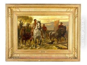 Horses With Riders, A Dog And Boats By The Water In Landscape