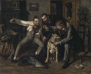 Drei Manner Versuchen Mit Geigenspiel Einen Hund Zum Jaulen Zu Bringen by Teuwart Schmitson