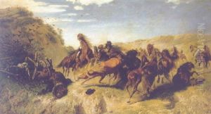 Ungarische Pferde In Der Puszta Vor Einem Umgesturzten Bauernwagen Scheuend by Teuwart Schmitson