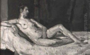 Liegender Weiblicher Akt Vor Blauem Hintergrund by August Ludwig Schmitt