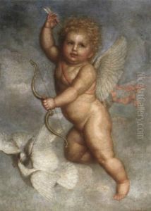 Ein Putto: Bildnis Des Amor Mit Pfeil Und Bogen Und Turteltaubchen Von Wolken Umgeben