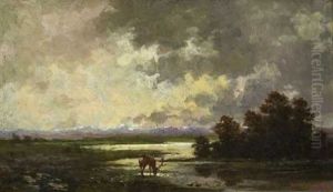 Voralpenlandschaft Mit Hirsch Am Wasser (+ Voralpenlandschaft Mit Rehen Am Wasser; 2 Works) by Oskar Schmitt