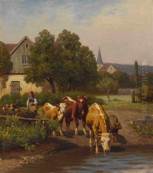 Hirtin Mit Rindern Am Wasser Vor Dem Dorf - view 1