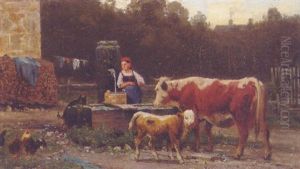 Animals In A Farmyard With A Young Girl Collecting Water by Wilhelm Schmitt