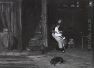 Eine Junge Frau Sitzt Mit Ihrem Kind An Der Offenen Feuerstelle Ihrer Stube by Wilhelm Schmitt