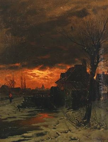 Winterscape With Watermill In The Sunset - view 1