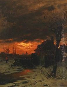Winterscape With Watermill In The Sunset by Georg Schmitz