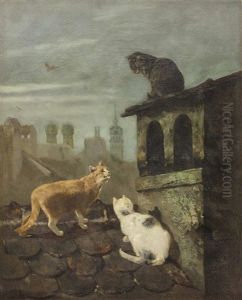 Drei Katzen Auf Den Dachern Von Munchen Bei Nacht by Josef Schmitzberger