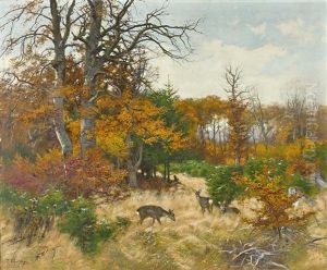 Herbstliche Waldlandschaft Mit Rotwild Auf Lichtung by Josef Schmitzberger