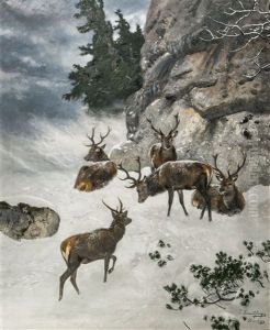 Hirsche In Winterlandschaft by Josef Schmitzberger