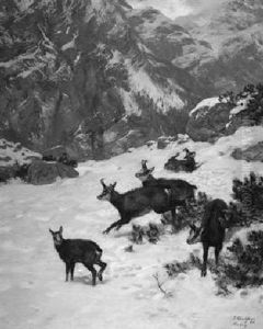 Gemsenjagd In Winterlicher Gebirgslandschaft by Josef Schmitzberger