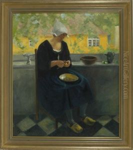 Hollandisches Madchen Beim Kartoffeln Schalen Auf Der Terrasse