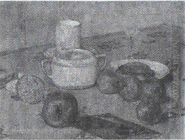 Stilleben Mit Apfeln Und Zuckertopf Auf Geblumter Tischdecke - view 1