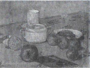 Stilleben Mit Apfeln Und Zuckertopf Auf Geblumter Tischdecke